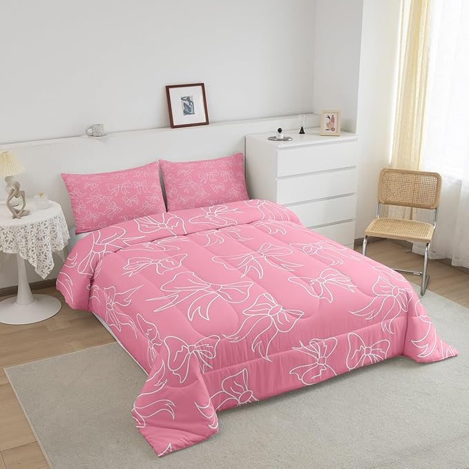 Feelyou Cute Bowknot Bedding Set Boys Girls Full Size Pink Girls Bow Comforter Set for Kids Women Men Ultra Soft Bow and Stripes Duvet Quilt Kawaii Room Decor