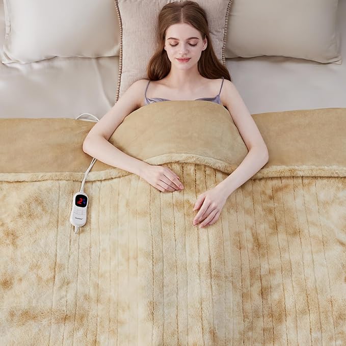 Guohaoi Heated Blanket Electric Throw, Soft Faux Rabbit Fur Electric Blanket with 10 Heating Levels 5 Sitting Timer Auto Off, Cozy Warm Heating Blankets, Machine Washable(50"×60" Beige)