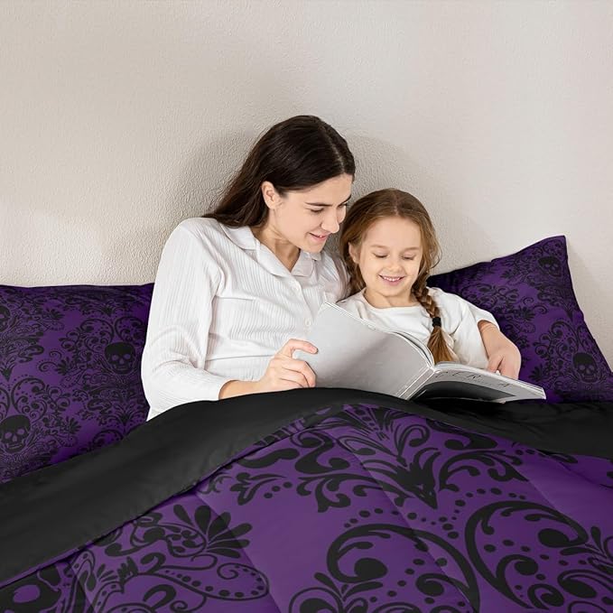 Feelyou Adults Gothic Skull Bedding Set Twin Size Kids Damask Print Comforter Goth Bohemian Duvet Breathable Soft Lightweight Microfiber Black Purple Room Decor with 1 Pillowcase