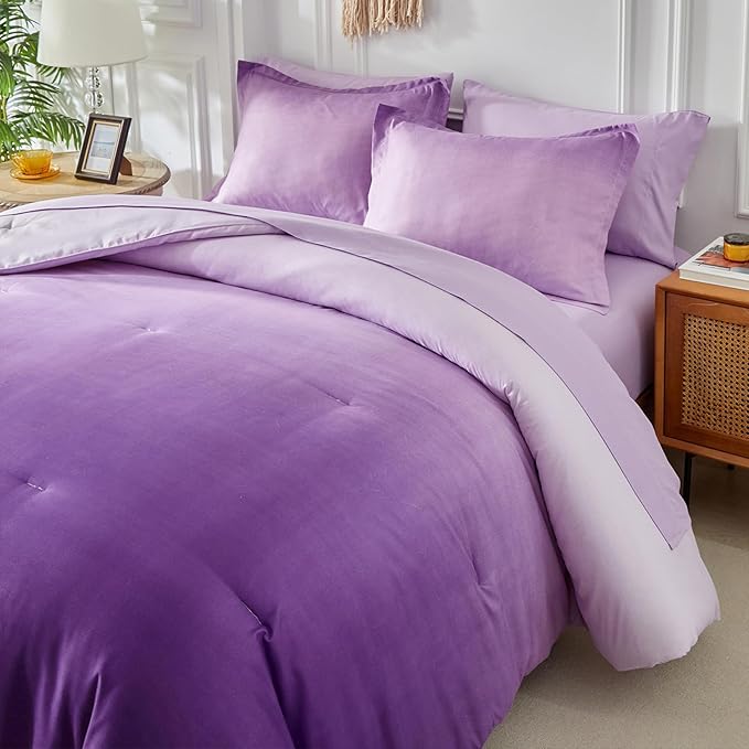 Purple and Lilac Gradient Comforter Set King Size 7 Pieces Elegant Ombre Bed in a Bag - Reversible All Season Bedding Set with Comforter, Flat Sheet, Fitted Sheet, 2 Pillowcases & 2 Pillow Shams