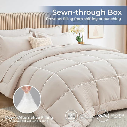 Sasttie Oversized King Comforter Set, 7 Pieces Extra Large Bed in a Bag, Complete Bedding Set Includes 120''x98'' Comforter, Flat Sheet, Fitted Sheet, Pillowcases and Pillow Shams, Beige