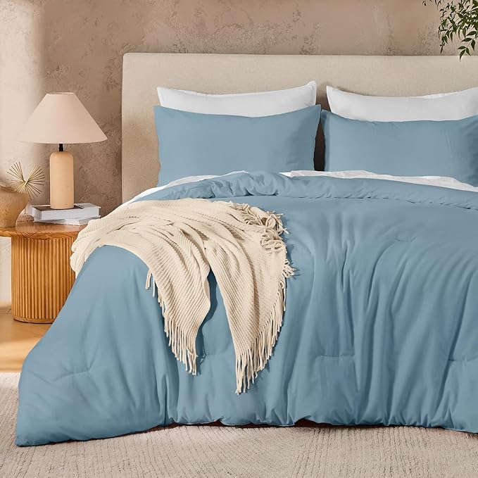 Andency Grayish Blue Super King Comforter Set, 3 Pieces Oversized King Lightweight Soft Solid Bed Comforter, Oversized Fluffy Microfiber Bedding Set (120x120In, 2 Pillowcases)