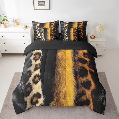 jejeloiu 3D Gold Leopard 7 Piece Bedding Set King Size Adult Leopard Comforter Set with Sheets for Boys Girls Animal Print Bed in a Bag Wild Animal Fur Bed Set