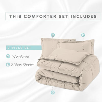 Elegant Comfort 3-Piece Box Stitched Down Alternative Comforter with Shams - Ultra Soft for All Season Duvet Insert with Corner Tabs, Plush Cozy 3PC Comforter Set, King, Linen