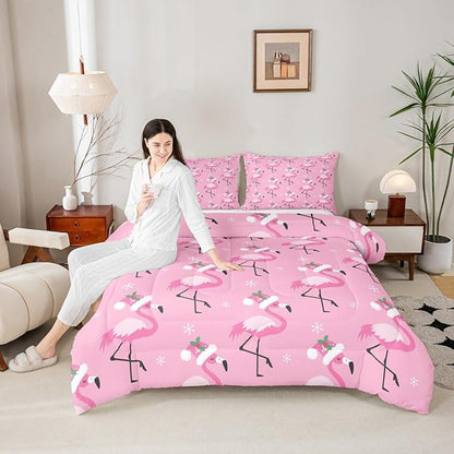 Red Birds Wild Animal Boys Girls Comforter Set Full Size,Flamingo Duvet Set Teens Bedroom Decor,Merry Christmas Pink Microfiber Soft Bedding