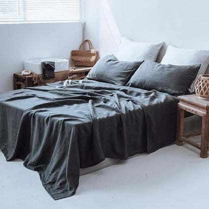 Simple&Opulence Washed Linen Bed Sheet Set Basic Style 4 Pieces (1 Flat Sheet & 1 Fitted Sheet & 2 Pillowcases) 100% Natural French Flax Soft Breathable Farmhouse Bedding (Queen, Dark Grey)