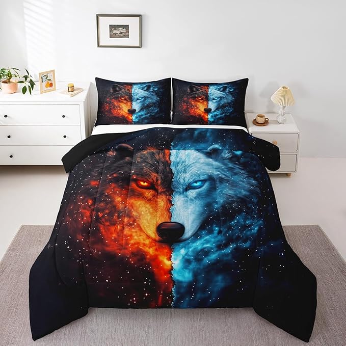 Wolf Ice Fire Comforter Full for Kids Adults Youth,Wildlife Galaxy Exotic Wolf Quilt Comforter Room DecorShining Sky Mystery Universe Quilted Duvet Duvet Insert,2 Pillowcases