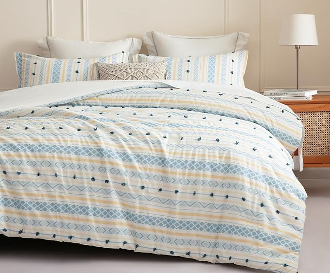 SLEEPBELLA Washed Double Layer Muslin 100% Cotton Comforter Set Queen Size, Yellow Blue Boho Fluffy Thick Checked Bedding Set, Soft Breathable (1 Comforter, 2 Pillow Shams)