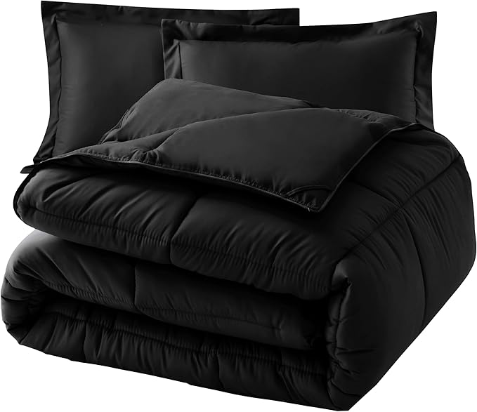 Elegant Comfort 3-Piece Box Stitched Down Alternative Comforter with Shams - Ultra Soft for All Season Duvet Insert with Corner Tabs, Plush Cozy 3PC Comforter Set, Twin, Black