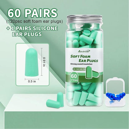 60 Pairs Soft Foam Ear Plugs, 38dB SNR Slow Rebound Ear Plugs for Sleeping Noise Cancelling, Noise Reduction, Work, Swimming, Shooting, Studying, Green