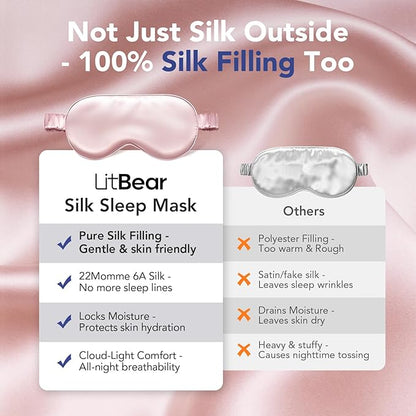 LitBear 100% Pure Silk Sleep Mask, 22 Momme 6A Mulberry Silk Fabric and Filling, Total Light Blocking Eye Mask Sleeping for Women, Men, Side Sleepers, Includes Travel Pouch and Scrunchie
