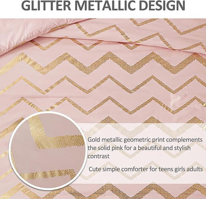 Menghomeus Pink Comforter Set Queen/Full Size Metallic Blush and Rose Gold Bed Comforter 4 Piece Soft Microfiber Bedding for Teen Girls Women (2 Pillow Shams + 1 Decorative Pillow Sham)