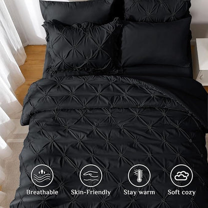 JOLLYVOGUE King Size Comforter Set 7 Pieces, Black Bed in a Bag Comforter Set for Bedroom, Beddding Sets with Comforter, Sheets,Ruffled Shams & Pillowcases