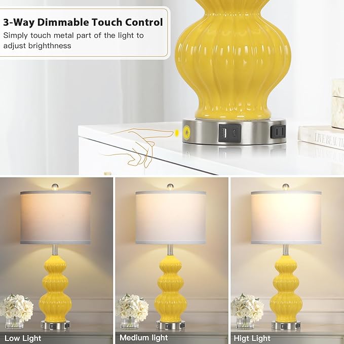 26" Set of 2 Yellow Ceramic Table Lamps with USB A+C Ports & AC Outlet, 3-Way Dimmable Gourd Bedside Nightstand Lamps with White Shade for Bedroom, Living Room, Office