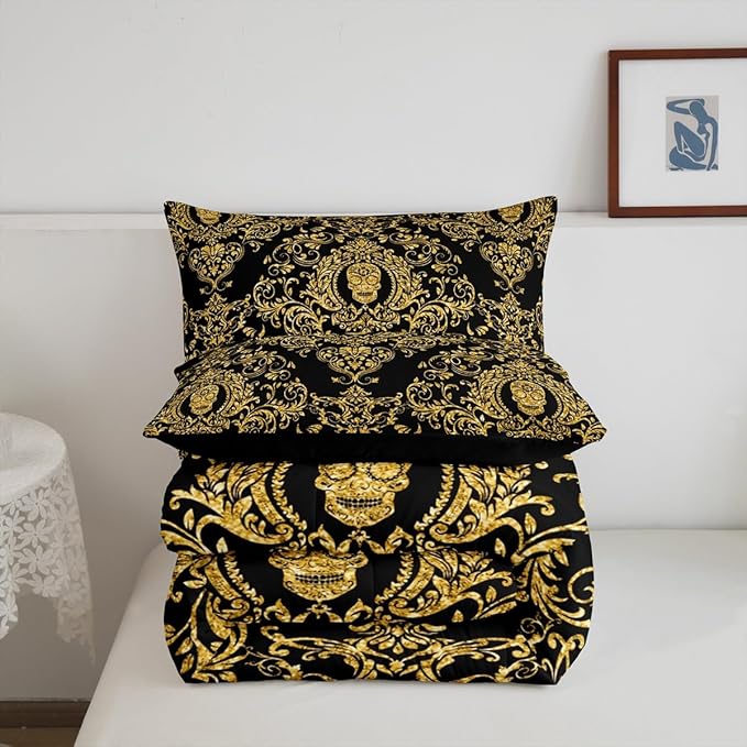 Feelyou Adults Golden Vintage Damask Floral Comforter Set Oriental Antique Comforter Queen Size Gothic Bohemia Boho Bedding Set Exotic Sugar Skull Duvet Set Quilt Set 3Pcs