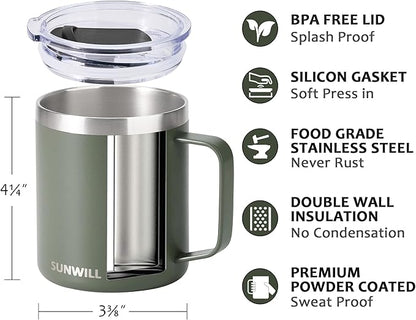 SUNWILL Travel Coffee Mug with Lid, Insulated Tumbler with Handle, 14 oz Stainless Steel Cup for Home, Office, Camping, Powder Coated Camp Green