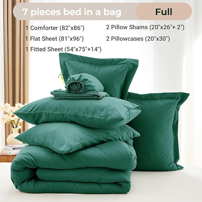 MUXHOMO 7 Pieces Full Comforter Set, Soft Bed in a Bag Full Size, All Season Bedding Set with Comforter, Flat Sheet, Fitted Sheet, Pillowcases & Shams, Emerald Green