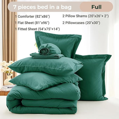 MUXHOMO 7 Pieces Full Comforter Set, Soft Bed in a Bag Full Size, All Season Bedding Set with Comforter, Flat Sheet, Fitted Sheet, Pillowcases & Shams, Emerald Green