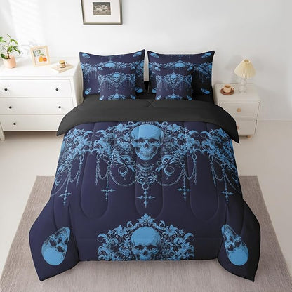 Erosebridal Gothic Comforter Set 7 Piece Bed in a Bag Twin,Goth Sugar Skull Bedding Set,Teal Blue Damask Bohemian Vintage Floral Comforter and Sheet Set,Exotic Antique Victorian Baroque Decor