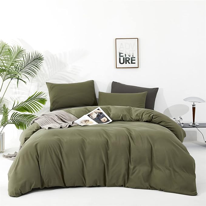 KAREVER Olive Green Comforter Set King Size Solid Green Comforter 3 Pieces Soft Dark Green King Comforter Bedding Set Women Pure Olive Green King Bed Comforter Set for All Season as Gift