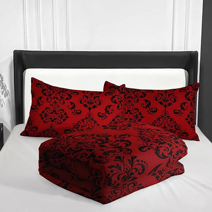 Red Gothic Floral Print Comforter Set King Size,Vintage Damask Floral Bedding Set,Bohemian Exotic Printed Quilted Set for Teens Adult,with 1 Comforter and 2 Pillow Case