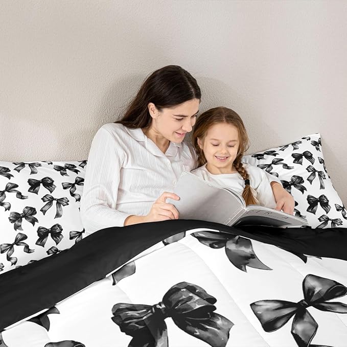 Erosebridal Bow Comforter Set King Black and White Bowknot Bedding Set for Kids Teen Adults,Modern Simple Fashion Aesthetic Comforter Sets Black Watercolor Butterfly Knot Quilt Duvet