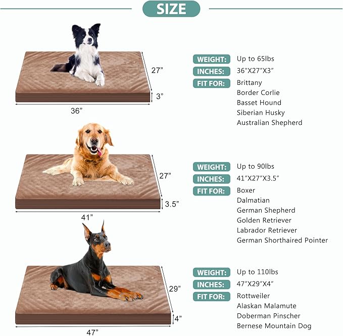 Waterproof XL Dog Beds Large Sized Dog, Orthopedic Washable Crate Pad 42 inch, Extra Large Foam Pet Bed with Removable Cover Reversible, XLarge Durable Anti-Slip Kennel Pad, 41"x27", Brown
