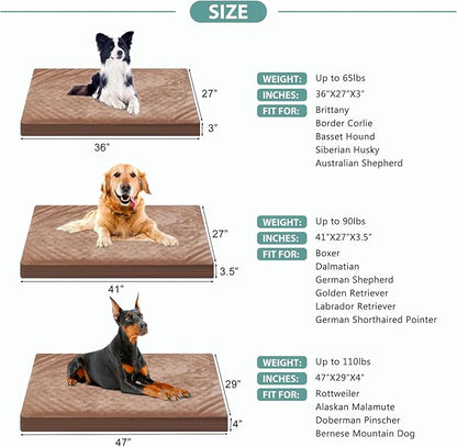 Waterproof XL Dog Beds Large Sized Dog, Orthopedic Washable Crate Pad 42 inch, Extra Large Foam Pet Bed with Removable Cover Reversible, XLarge Durable Anti-Slip Kennel Pad, 41"x27", Brown