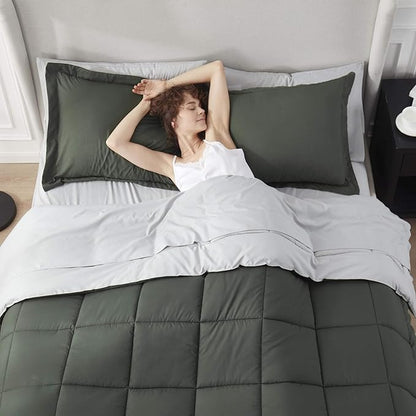 Nestl 7 Piece California King Comforter Set – Olive Green Reversible Bed in a Bag – Complete Cal King Size Bedding Set with Sheets, Pillowcases and Shams