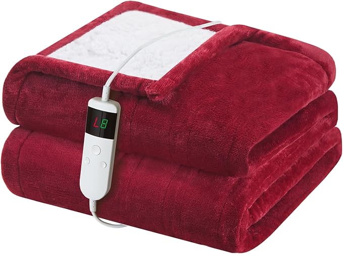 Electric Heated Blanket Throw Size 50''x60'' Soft Flannel & Sherpa Electric Blanket with 10 Heating Levels, Automatically Shut Down After 8h with Overheat Protection Machine Washable
