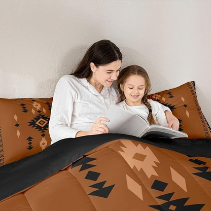 Western Aztec Toddler Size Bedding Set, Native American Navajo Comforter Set for Boys Adult Teens, Southwestern Geometric Duvet Insert Ethnic American Native Quilt Rustic Farmhouse Decor, Brown Black