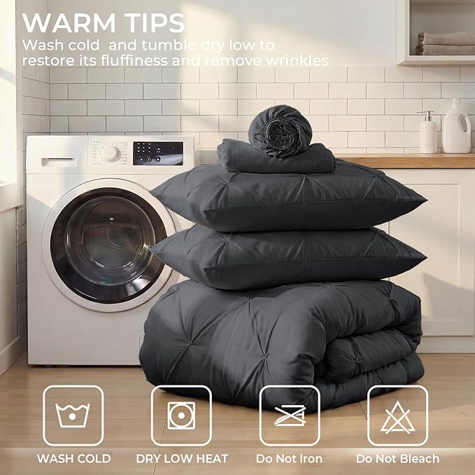 Sasttie Twin XL Comforter Set, 5-Piece Bed in a Bag, Pintuck Bedding Set for All Season, Includes Comforter, Flat Sheet, Fitted Sheet, Pillowcase and Pillowsham, Dark Grey