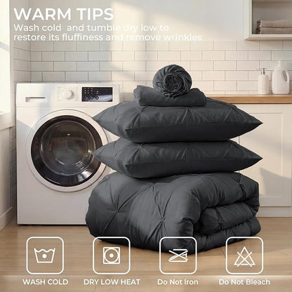 Sasttie Twin XL Comforter Set, 5-Piece Bed in a Bag, Pintuck Bedding Set for All Season, Includes Comforter, Flat Sheet, Fitted Sheet, Pillowcase and Pillowsham, Dark Grey