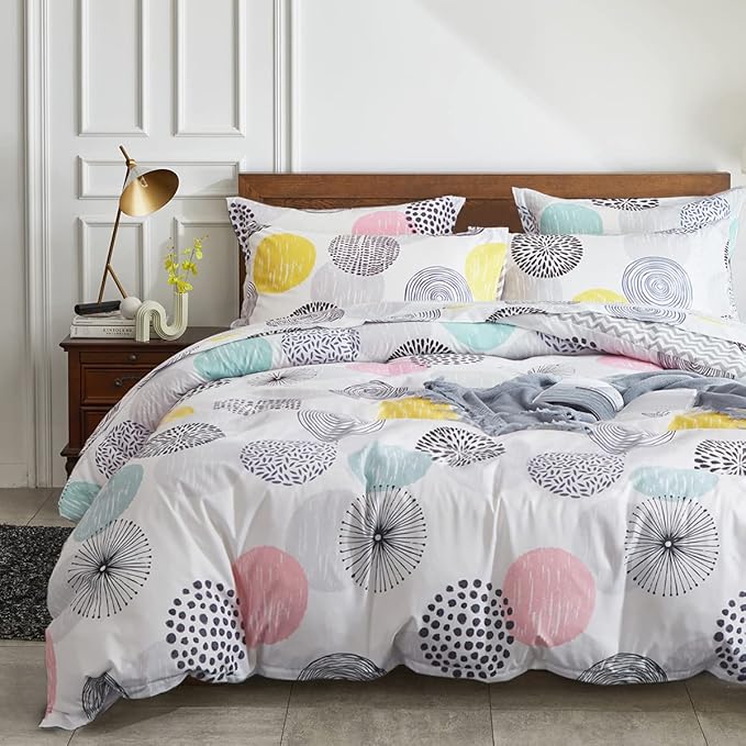 7 Pieces Comforter Sheet Set Queen Size Bed in a Bag Microfiber All Season Soft Colorful Dots Bedding Set (1 Comforter, 2 Pillow Shams, 1 Flat Sheet, 1 Fitted Sheet, 2 Pillowcases) Queen