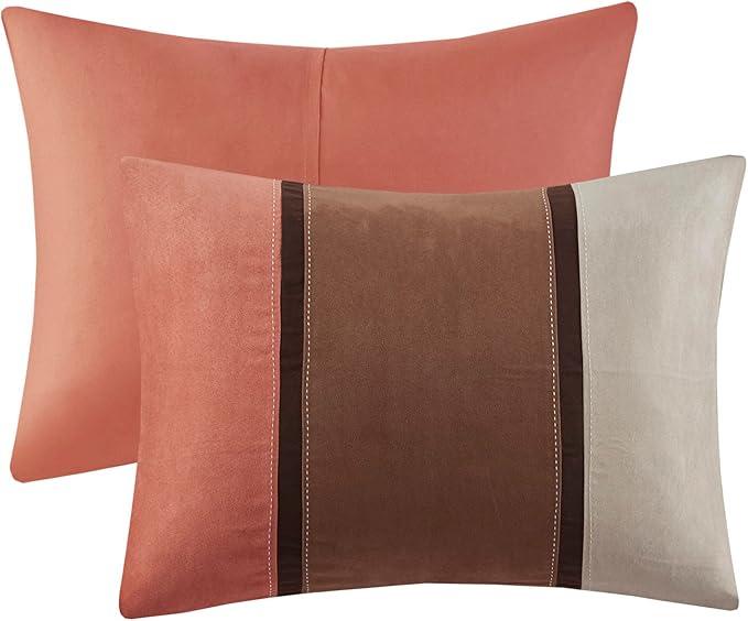 Madison Park Palisades Comforter Set Modern Faux Suede Pieced Stripe Design, All Season Down Alternative Cozy Bedding with Matching Shams, Decorative Pillows, King(104"x92"), Coral 7 Piece