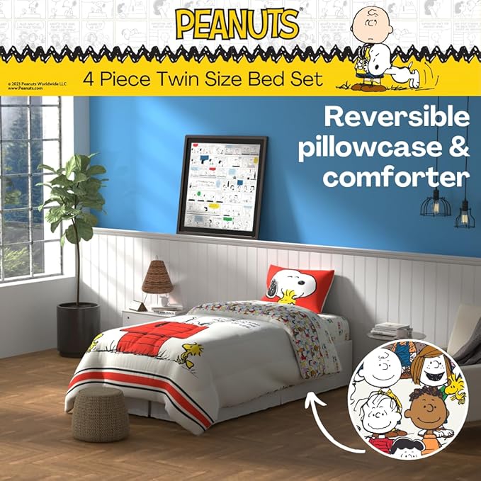 Franco Peanuts Classic Pals Super Soft Comforter and Sheet Set, 4 Piece Twin Size, (Official Licensed Product) Collectibles