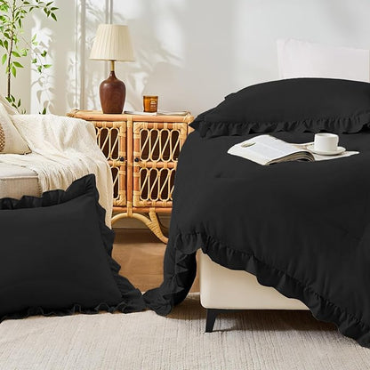 FUANNA Queen Comforter Set Black, 3 Pieces Ruffle Queen Bed Set, Fluffy Bed in a Bag Queen for All Seasons, Shabby Chic Bedding Comforter Sets with 1 Lightweight Comforter & 2 Pillowshams