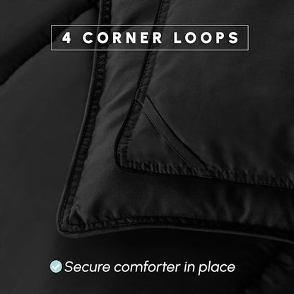 Elegant Comfort 3-Piece Box Stitched Down Alternative Comforter with Shams - Ultra Soft for All Season Duvet Insert with Corner Tabs, Plush Cozy 3PC Comforter Set, Oversize King, Black