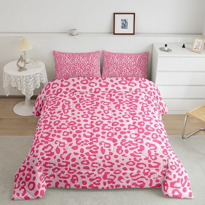 Feelyou Cute Leopard Bedding Set Cheetah Comforter Set for Kids Boys Girls Teens Room Decor Pink Animal Print Comforter Full Size Safari Duvet Set 3Pcs
