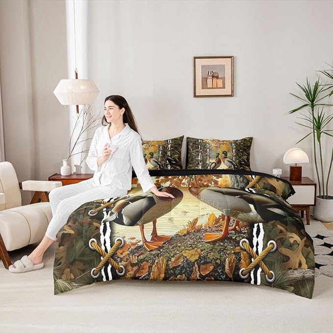 Erosebridal Rustic Bedding Twin Comforter Set with Sheets | Mallard Duck Camo Bedding 7 Piece Bedding Set Mens Hunting Bed in a Bag, Farmhouse Woodland Animals Room Decor,Camo Cabin Country Decor