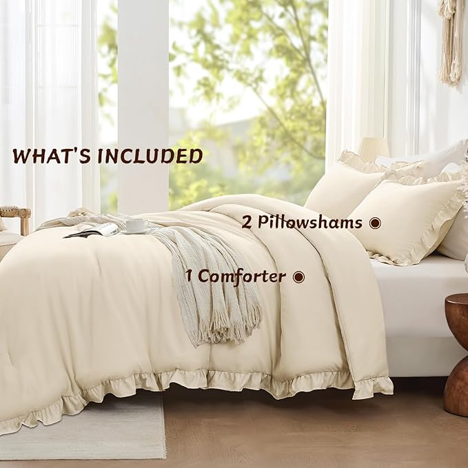FUANNA Full Size Comforter Sets Cream White, 3 Pieces Ruffle Full Size Bedding Sets, Fluffy Bed in a Bag Full for All Seasons, Shabby Chic Full Bed Set with 1 Lightweight Comforter & 2 Pillowshams