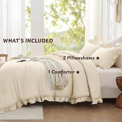 FUANNA Full Size Comforter Sets Cream White, 3 Pieces Ruffle Full Size Bedding Sets, Fluffy Bed in a Bag Full for All Seasons, Shabby Chic Full Bed Set with 1 Lightweight Comforter & 2 Pillowshams