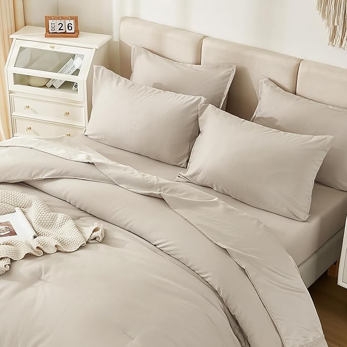 Litanika Comforter Full Size Set Tannish Grey - 7 Pieces Bed in a Bag Full Bedding Comforter Sets, Plain Lightweight Bed Set with Comforter, Sheets, Pillowcases & Shams