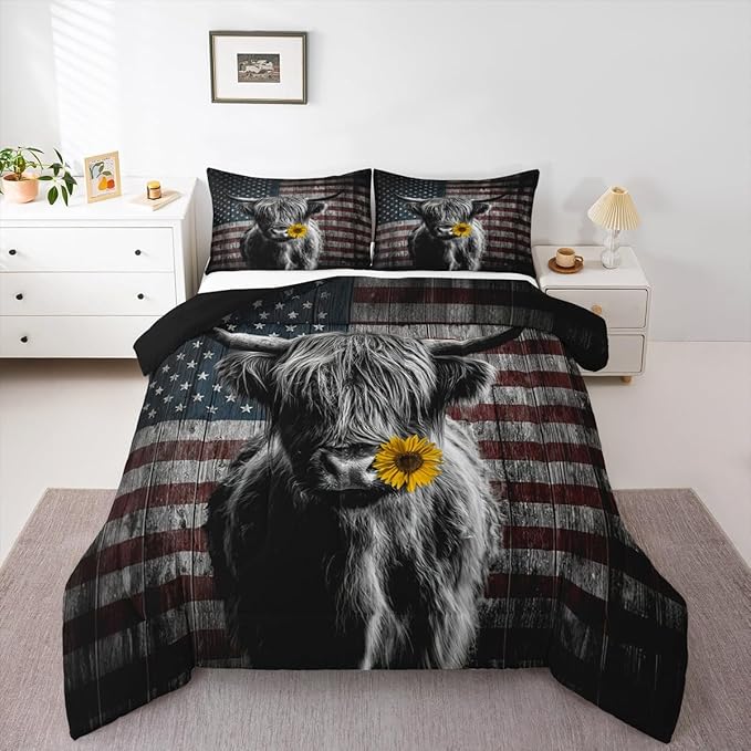 Feelyou Highland Cattle Bedding Set Sunflower Highland Cow Comforter Set for Kids Boys Girls America Flag Bull Comforter Animal Quilt Set 1 Comforter Set with 2 Pillowcases Queen Size