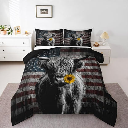 Feelyou Highland Cattle Bedding Set Sunflower Highland Cow Comforter Set for Kids Boys Girls America Flag Bull Comforter Animal Quilt Set 1 Comforter Set with 2 Pillowcases Queen Size