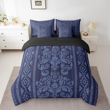 Comforter Set Queen Size, Blue Damask Aztec 7 Pcs Bedding for Kids and Adults, Baroque Western Boho Gothic Floral Bed Sheet Sets with Fitted Sheet 2 Pillowcases & 2 Shams for Bedroom Bed Decor