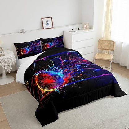 Erosebridal Basketball Comforter Set Queen 3D Sports Bedding Sets for Boys Teens Kids Men Tie Dye Fire and Ice Comforter Player Sport Game Warm Soft Lightweight Red Blue Quilt Set, Black