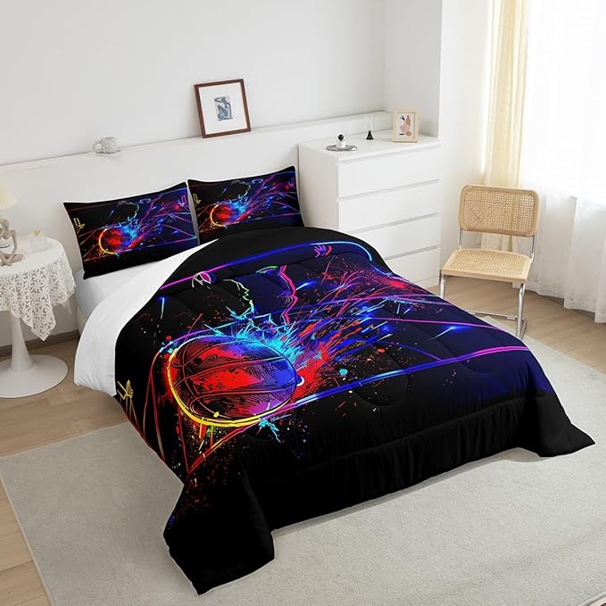 Erosebridal Basketball Comforter Set King 3D Sports Bedding Sets for Boys Teens Kids Men Tie Dye Fire and Ice Comforter Player Sport Game Warm Soft Lightweight Red Blue Quilt Set, Black