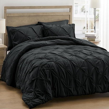 UNIKOME King Size Comforter Set Black - Ultra Soft Boho Pintuck Down Alternative Bedding Set for All Seasons, 3 Pieces Lightweight Warm Pinch Pleat Bed Set with Comforter, 2 Pillowcases