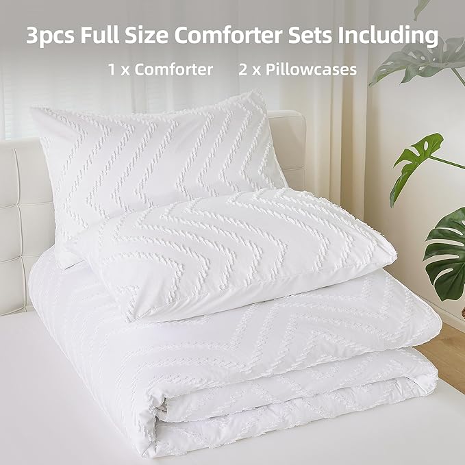 YIRDDEO White Comforter Set 3Pcs, Boho Full Size Bedding Set, Vertical Tufted Bed Set, Lightweight Neutral Bedroom Set (1 Comforter 2 Pillowcase)